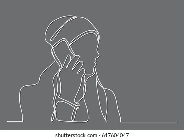 continuous line drawing of woman talking on cell phone