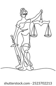 Continuous line drawing of a woman of Themis statue with a justice scale. Minimalist representation of law and balance. Vector illustration.