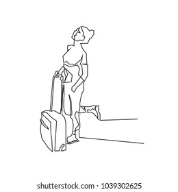 continuous line drawing of a woman traveling with gages vector illustration.