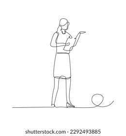continuous line drawing of a woman using tablet for giving a lecture or presentation. Vector illustration for education or business design