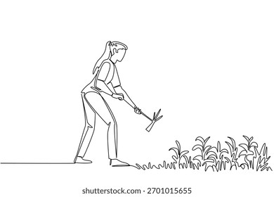 Desenho de linha contínua de uma mulher usando uma enxada para limpar ervas daninhas de uma cama de jardim, conceito de natureza para jardinagem doméstica, com tema para o Dia Nacional da Erva Daninha Seu Jardim incentivando a manutenção de rotina do quintal.