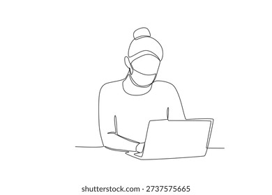 Continuous Line Drawing of Woman Using Laptop Wearing Mask Illustration