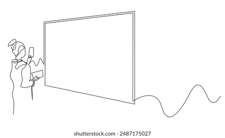 continuous line drawing of woman visiting a painting exhibition.single line drawing of woman photographing a painting with a mobile phone.single line vector illustration.isolated white background