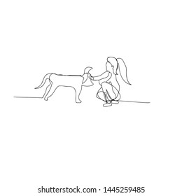 continuous line drawing of woman walking with dog. isolated sketch drawing of woman walking with dog line concept. outline thin stroke vector illustration