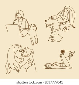 Continuous Line Drawing Of Woman Walking Exercise With Dog. One Continuous Single Drawing Line Art Doodle Girl Dog Young Female Animal Fashion Friend. Isolated Flat Illustration Hand Draw Contour.