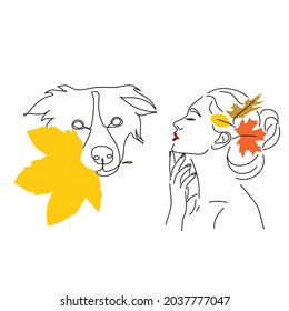 continuous line drawing of woman walking exercise with dog. One continuous single drawing line art doodle girl dog young female animal fashion friend. Isolated flat illustration hand draw contour.