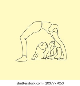 Continuous Line Drawing Of Woman Walking Exercise With Dog. One Continuous Single Drawing Line Art Doodle Girl Dog Young Female Animal Fashion Friend. Isolated Flat Illustration Hand Draw Contour.