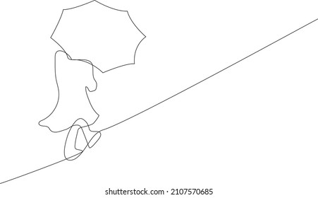 continuous line drawing of a woman walking with an umbrella on a white background.