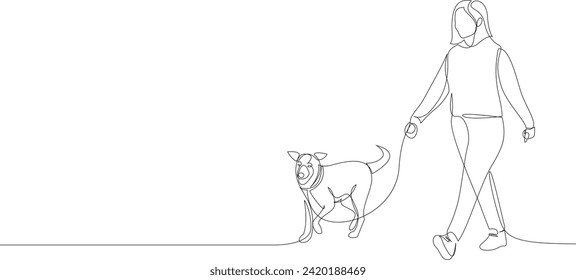 Continuous line drawing of woman walking with a dog on a leash. One line art style vector illustration.