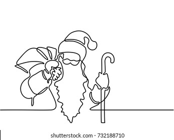 Continuous line drawing. Woman walking with christmas tree on sled. Vector illustration.