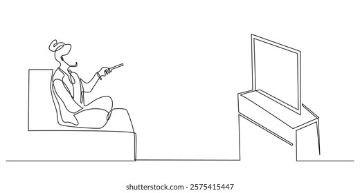 continuous line drawing of woman watching television.one line drawing of woman relaxing in the room,holding a remote and looking at television.single line vector illustration