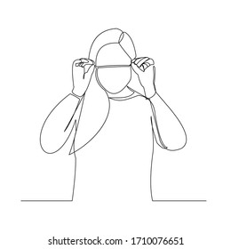 Continuous line drawing of woman wearing surgical mask to protect disease, flu, air pollution, pandemic, virus. Vector illustration.