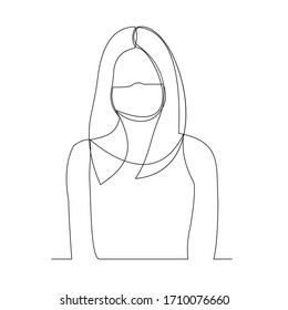 Continuous line drawing of woman wearing surgical mask to protect disease, flu, air pollution, pandemic, virus. Vector illustration.