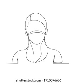 Continuous line drawing of woman wearing surgical mask to protect disease, flu, air pollution, pandemic, virus. Vector illustration.