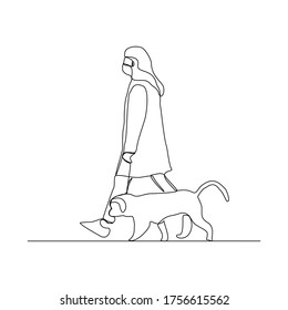 Continuous line drawing of woman wearing mask walking with pet. Vector illustration