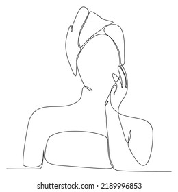 
continuous line drawing woman wearing towel head after shower vector illustration