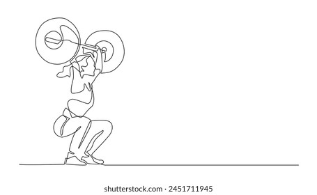 continuous line drawing of woman weightlifting .single line lifting barbell in gym studio.isolated white background