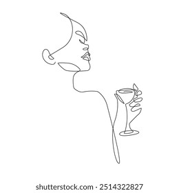 Continuous Line Drawing of Woman with Wine Glass Black Isolated on White Background. Woman Drinks One Line Drawing. Minimal Hand Draw Illustration for Cafe, Party, Holiday, Invitation. Vector EPS 10