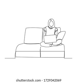 continuous line drawing of woman work from home at sofa with laptop. single line art of remote worker. Vector illustration