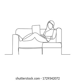 continuous line drawing of woman work from home at sofa with laptop. single line art of remote worker. Vector illustration