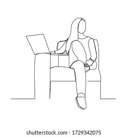 continuous line drawing of woman work from home at sofa with laptop. single line art of remote worker. Vector illustration