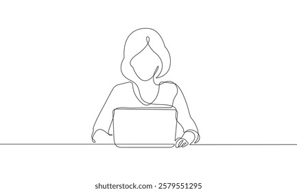 Continuous Line Drawing of Woman Working with Laptop in Sitting Pose. One Line Drawing of Woman with Laptop. Business and Education Concept Single Line Vector Illustration. Not AI