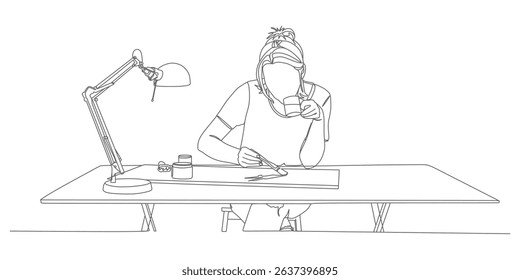Continuous Line Drawing of a Woman Working on a Craft Project While Drinking Coffee