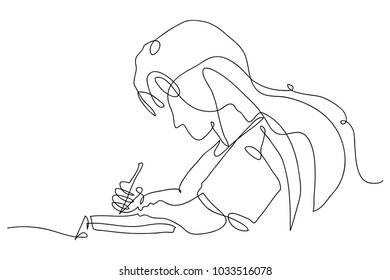 continuous line drawing of a woman writing a book vector illustration