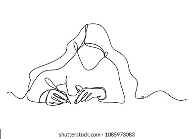 continuous line drawing of a woman writing a book vector illustration