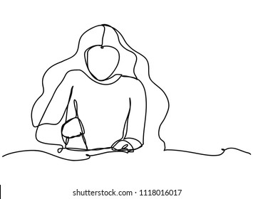 continuous line drawing of a woman writing a book vector illustration