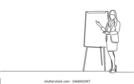 Continuous line drawing of a woman writing graph marketing executive on the board. business woman showing data. Meeting and marketing concept. Business woman presenting on white board.