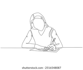 Continuous line drawing of woman writing. Single line illustration of woman writing in book. International literacy day concept. Editable outline 