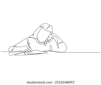 Continuous line drawing of woman writing. Single line illustration of woman writing in book. International literacy day concept. Editable outline 