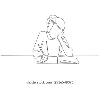 Continuous line drawing of woman writing. Single line illustration of woman writing in book. International literacy day concept. Editable outline 