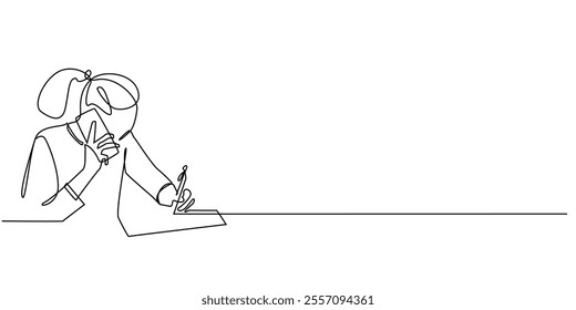 continuous line drawing of woman writing and calling.one line drawing of busy woman working.communicating with customers,home business,online orders.single line vector illustration