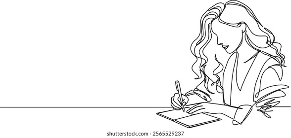 continuous line drawing of woman writing in journal or diary, line art vector illustration