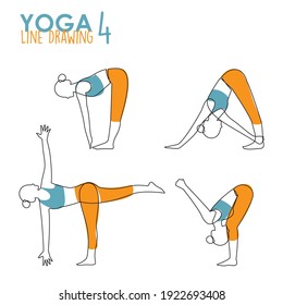 Continuous line drawing of woman yoga pose or asana posture. Female exercising for body stretching. 4 Yoga poses for workout in contour free hand drawing. Vector Illustration. 