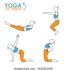 Dibujo continuo de una pose de yoga para mujer o una postura de asana. Hembra haciendo ejercicio para estiramiento corporal. 4 Yoga para entrenamiento en dibujo a mano libre de contorno. Ilustración vectorial. 