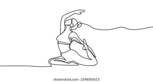 Continuous line drawing of a woman in a yoga pose, representing relaxation and fitness. Vector art focused on health and meditation, isolated on a white background.
