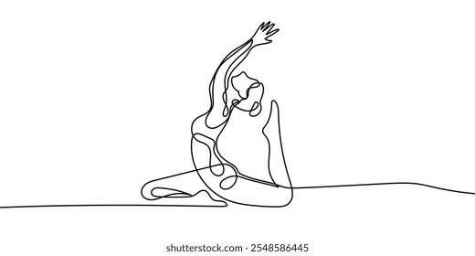Continuous line drawing of a woman in a yoga pose, representing relaxation and fitness. Vector art focused on health and meditation, isolated on a white background.