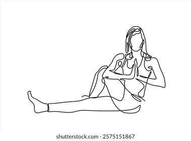 Continuous line drawing of a woman in a yoga pose, representing relaxation and fitness. Vector art focused on health and meditation, isolated on a white background.