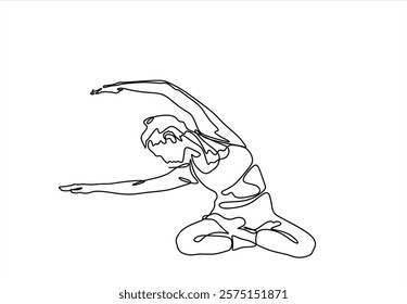 Continuous line drawing of a woman in a yoga pose, representing relaxation and fitness. Vector art focused on health and meditation, isolated on a white background.