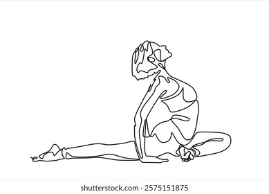 Continuous line drawing of a woman in a yoga pose, representing relaxation and fitness. Vector art focused on health and meditation, isolated on a white background.