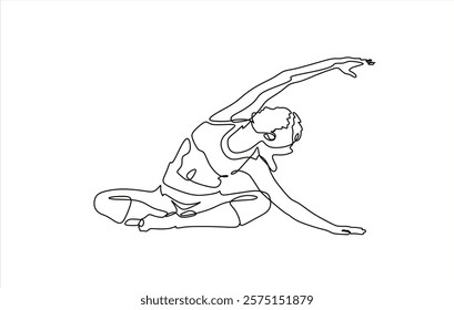 Continuous line drawing of a woman in a yoga pose, representing relaxation and fitness. Vector art focused on health and meditation, isolated on a white background.
