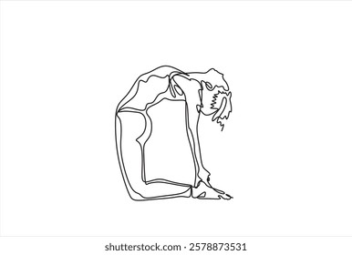 Continuous line drawing of a woman in a yoga pose, representing relaxation and fitness. Vector art focused on health and meditation, isolated on a white background.	