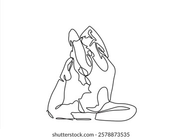 Continuous line drawing of a woman in a yoga pose, representing relaxation and fitness. Vector art focused on health and meditation, isolated on a white background.	