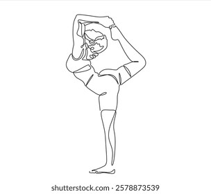 Continuous line drawing of a woman in a yoga pose, representing relaxation and fitness. Vector art focused on health and meditation, isolated on a white background.	