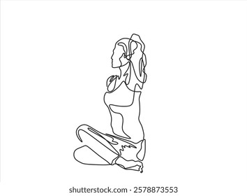 Continuous line drawing of a woman in a yoga pose, representing relaxation and fitness. Vector art focused on health and meditation, isolated on a white background.	