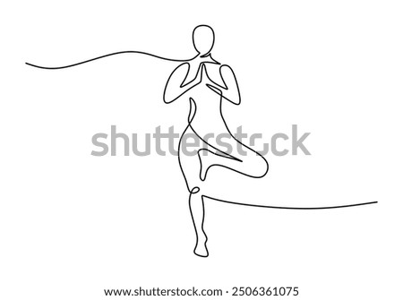 Continuous line drawing of a woman in a yoga pose, representing relaxation and fitness. Vector art focused on health and meditation, isolated on a white background.