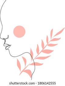 Continuous line drawing. Woman's face profile with branch with leaves . Vector illustration for t-shirt, slogan, design, print. Graphic style.